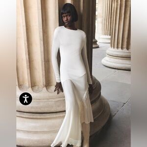 Minimalist White Long-Sleeve Knit & Satin Maxi Dress